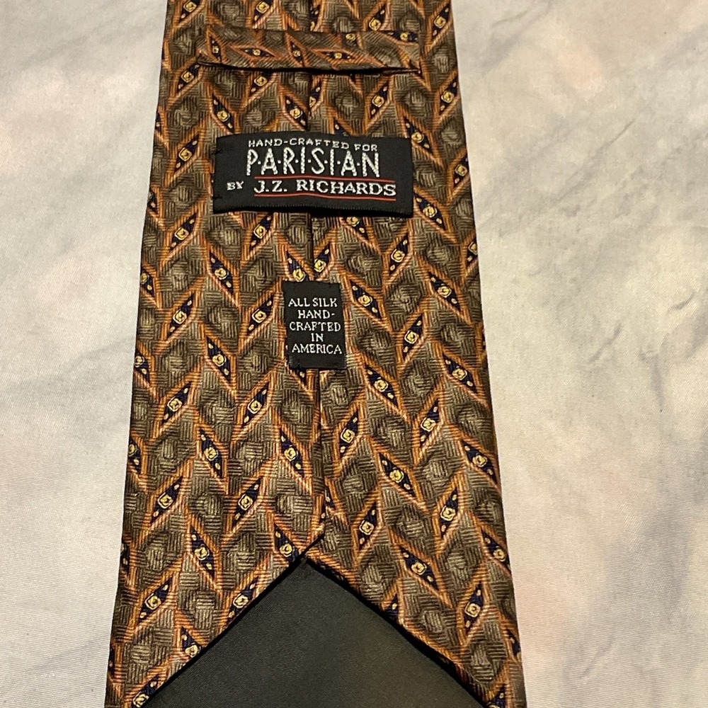 JZ Richards Parisian Silk Tie Men Geometric Diamond Pattern Brown Green USA Made